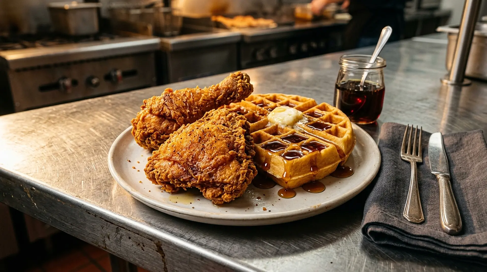 Fried chicken served with waffles